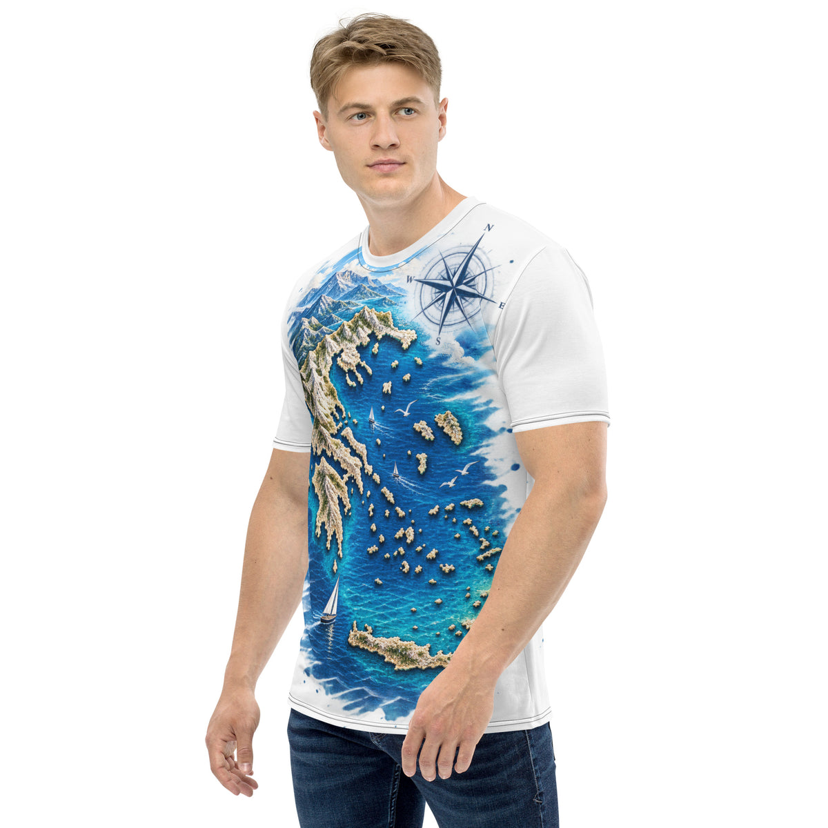All-over print T-shirt with a Greece Navigator graphic design.