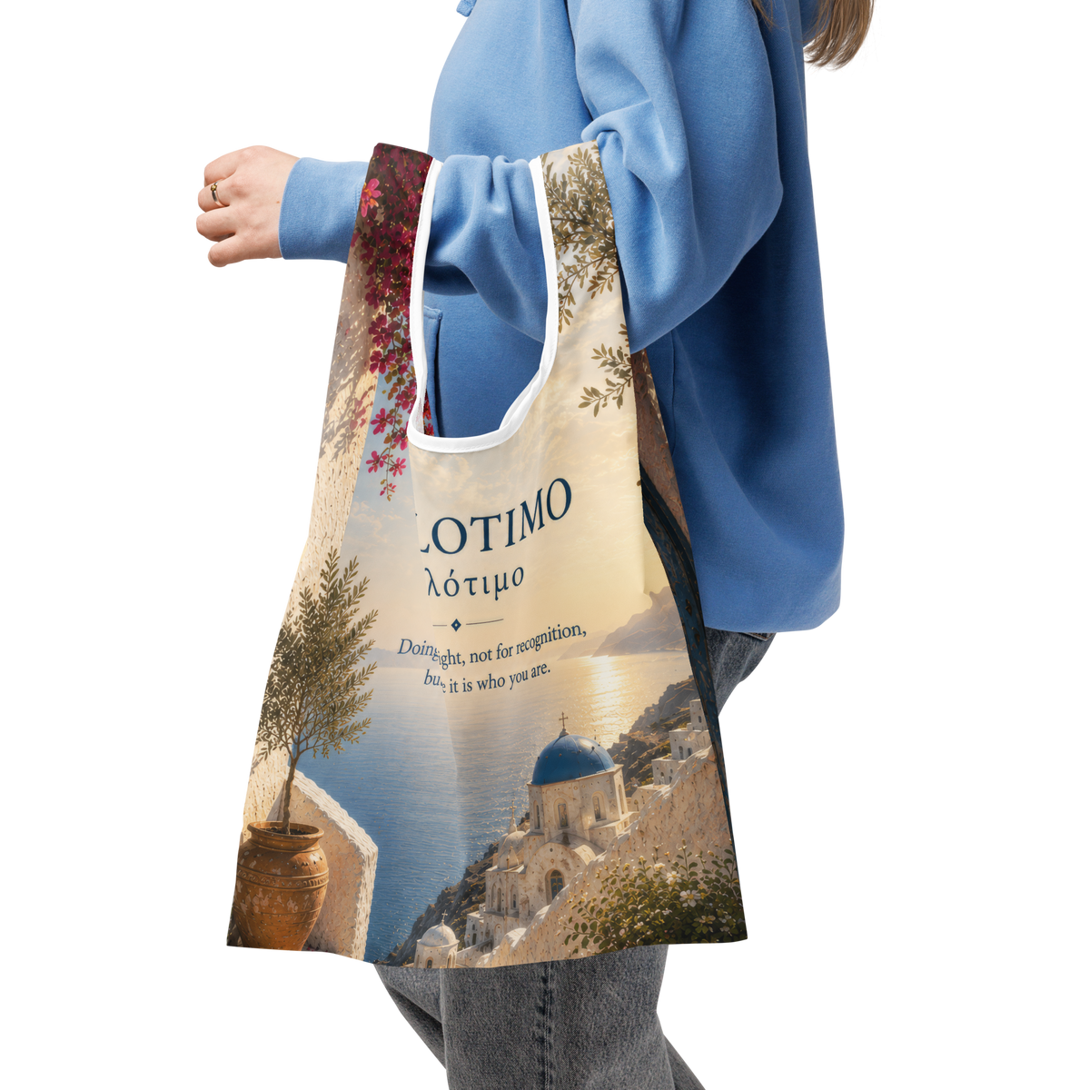 Tote bag featuring a minimalist philotimo design — additional product photo.