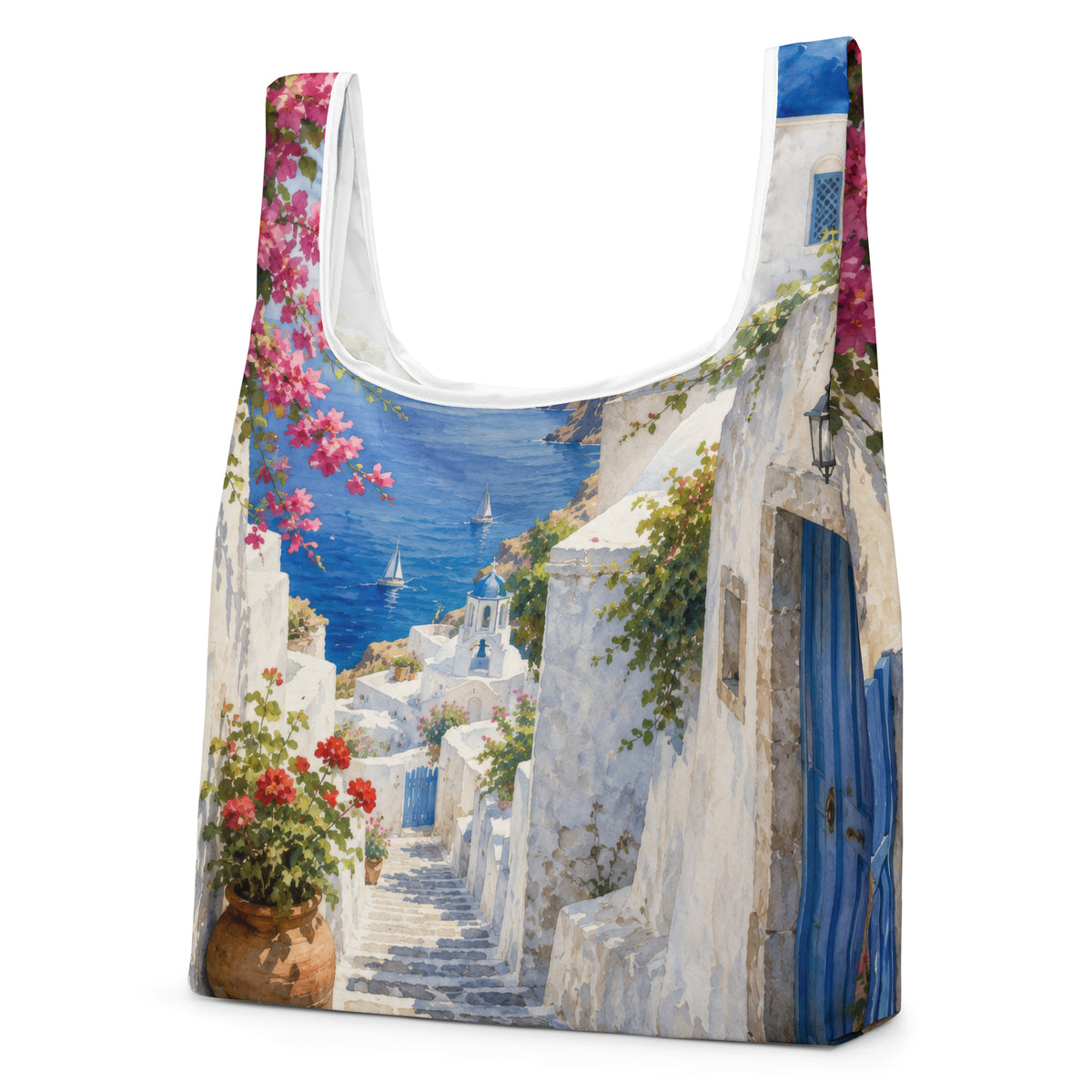 Tote bag featuring an illustrated Santorini courtyard scene — additional product photo.