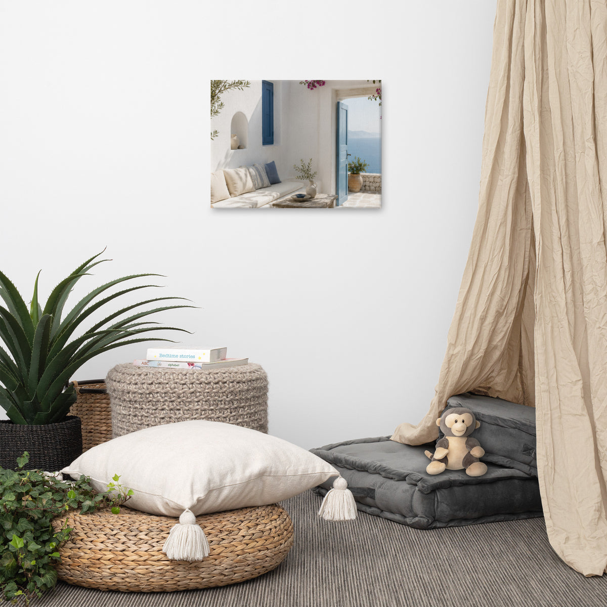 Illustrated Cycladic courtyard scene in white, blue, and stone tones — additional product photo.