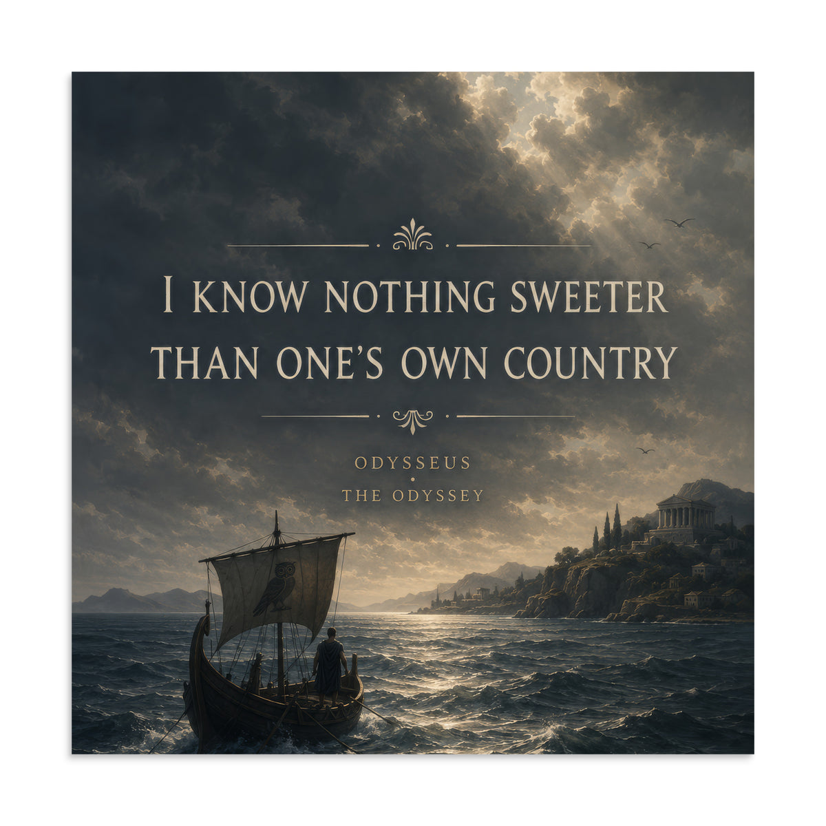 Illustrated poster depicting Odysseus and the journey of The Odyssey, 24″×24″ size.