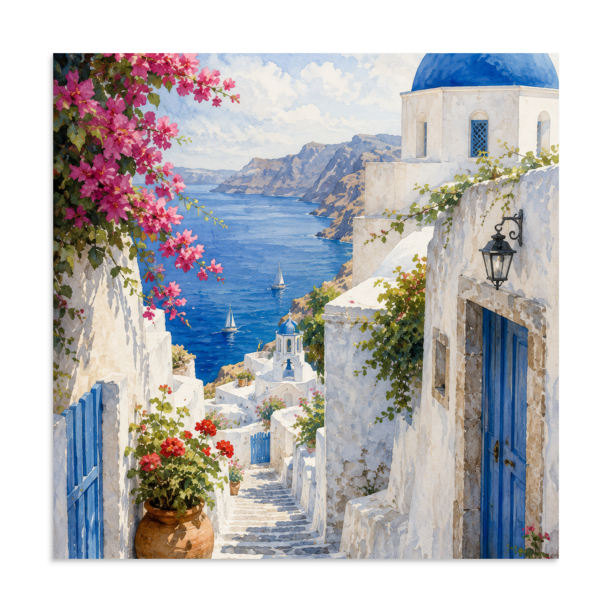 Illustrated poster of a Santorini courtyard scene, 28″×28″ size.