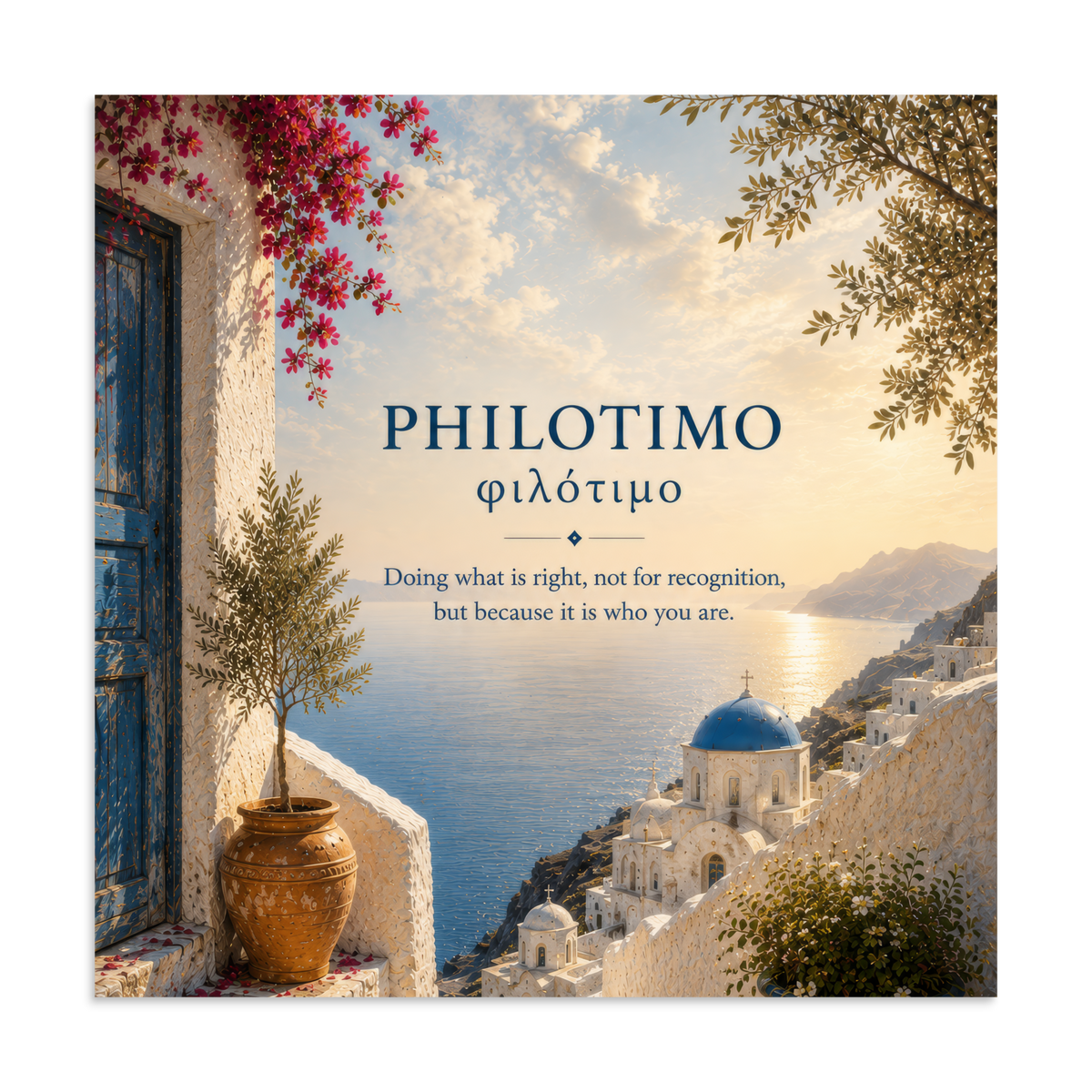 Poster featuring an artful design around the Greek concept of philotimo, 28″×28″ size.