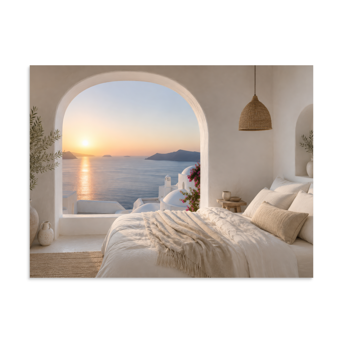 Illustrated Greek-island bedroom scene with whitewashed walls and sea-blue light, 30″×40″ size.