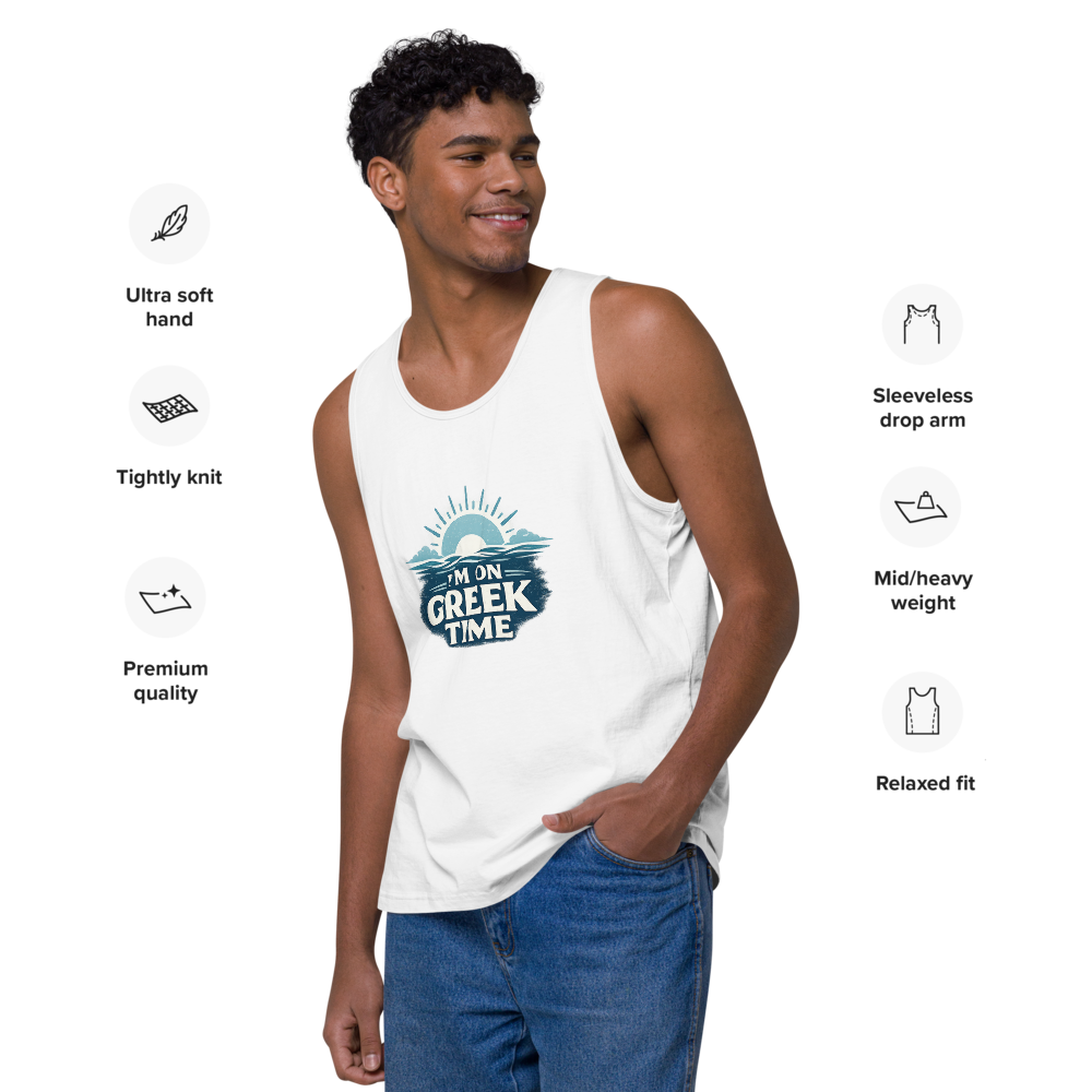 Men's premium tank top featuring the I'm on Greek Time design, L size.