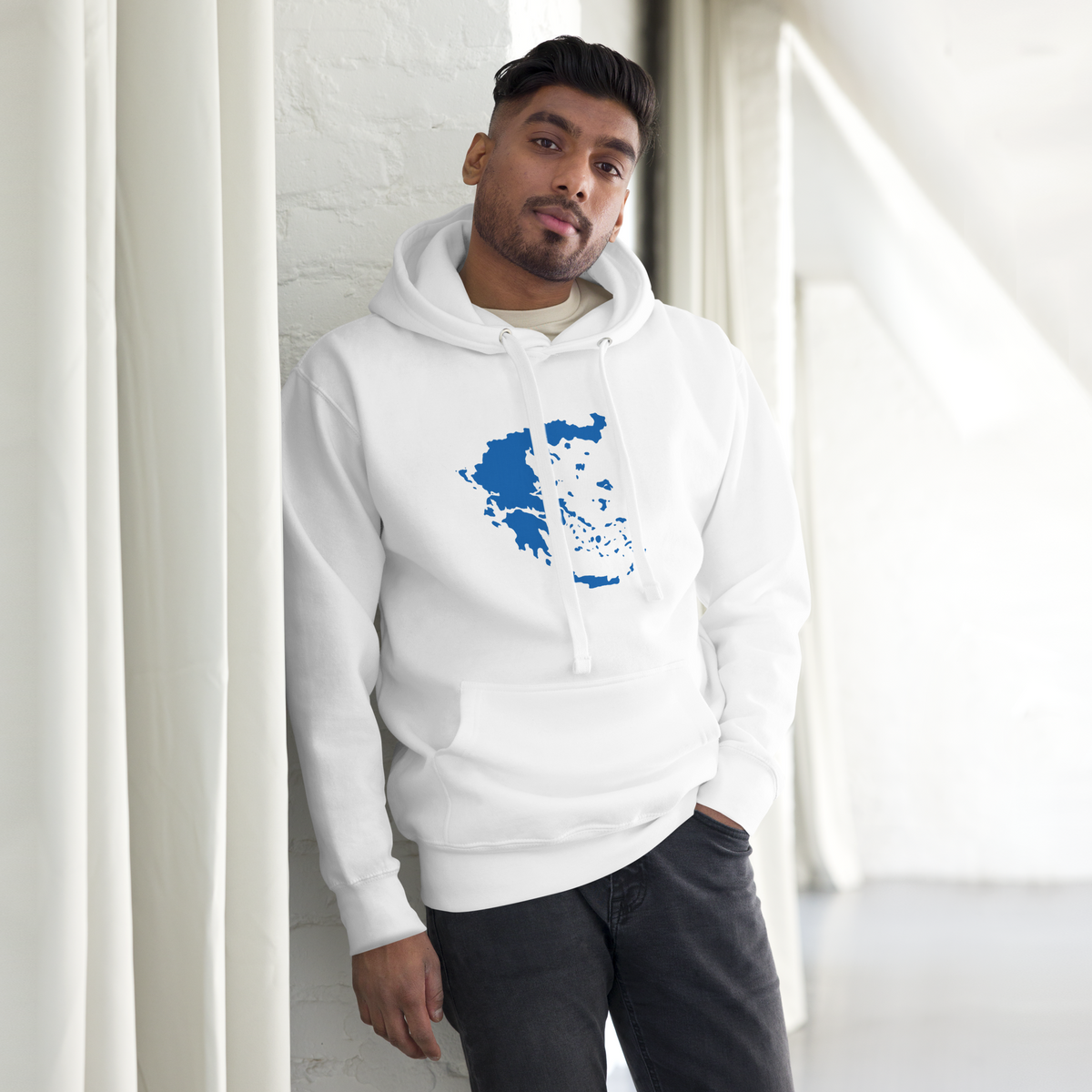 Unisex hoodie featuring a blue and white map of Greece, L size.