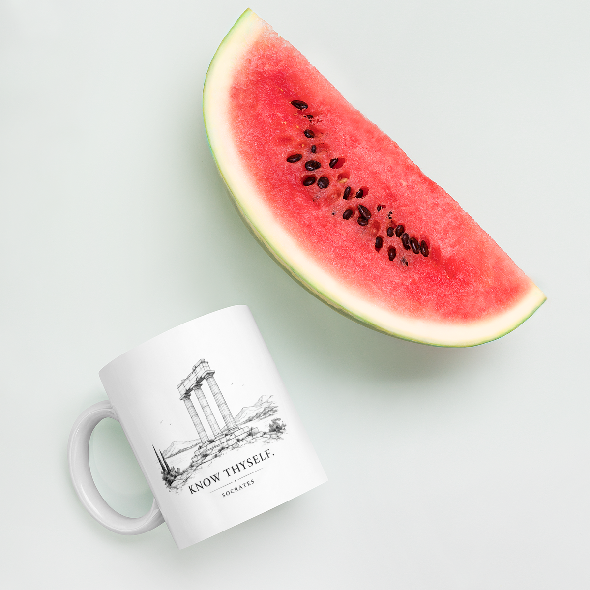 White glossy mug featuring the Know Thyself design — additional product photo.