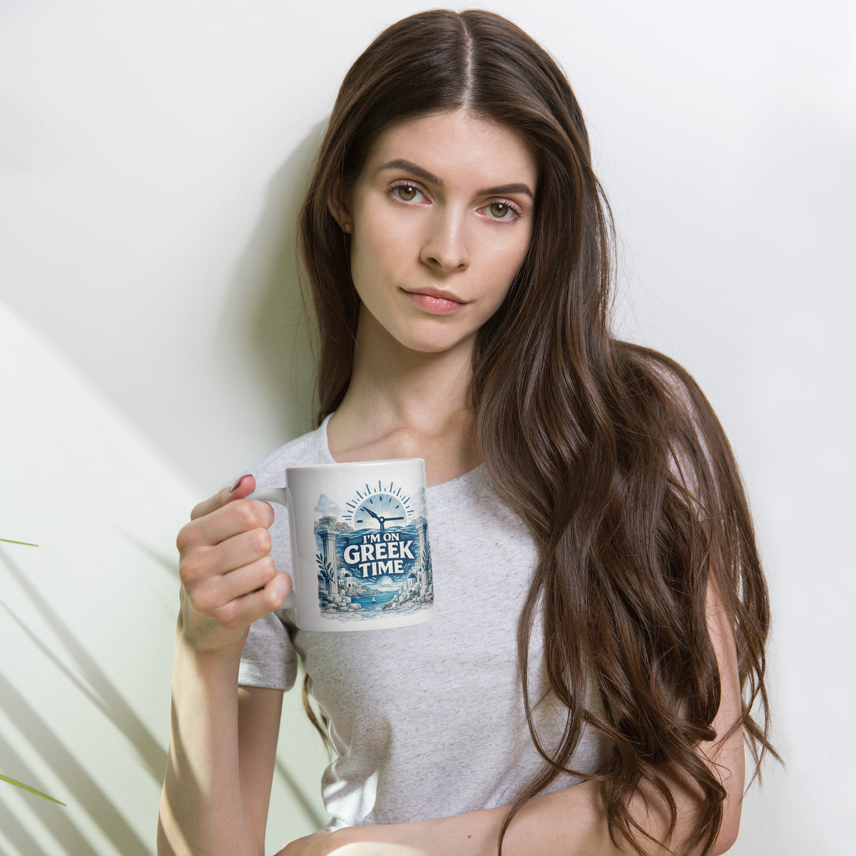 White glossy mug featuring the I'm on Greek Time clock design, 11 oz size.