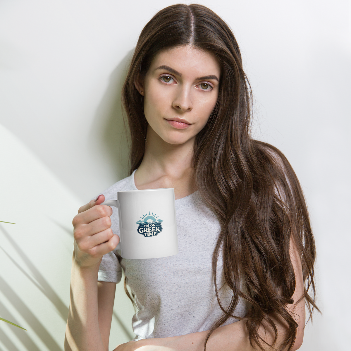 White glossy mug featuring the I'm on Greek Time design — additional product photo.