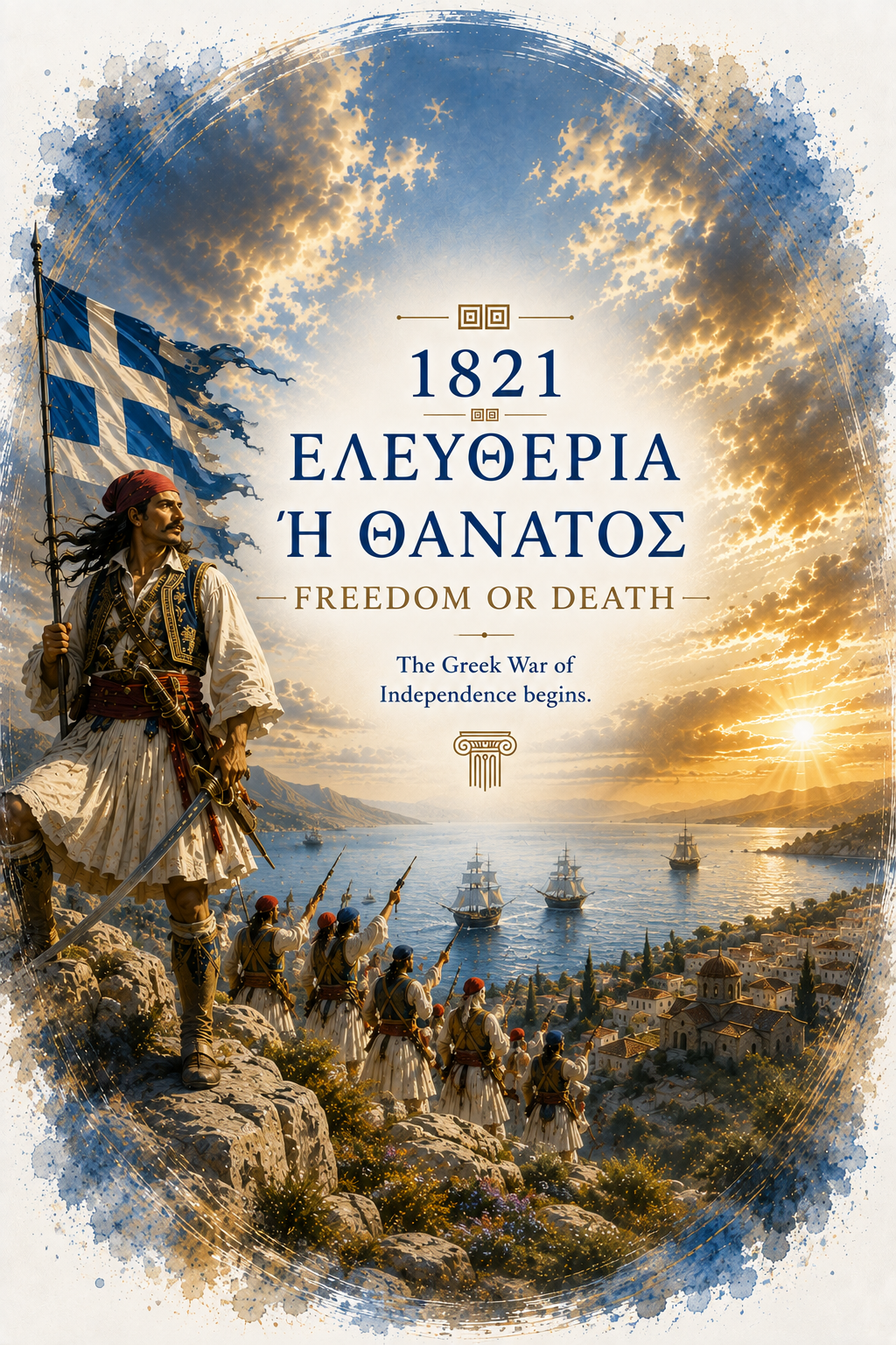 Poster honoring the 1821 Greek Revolution and the phrase Eleftheria i Thanatos, 5″×7″ size.