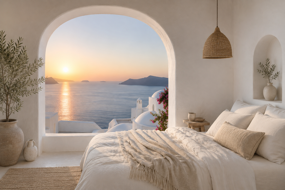 Illustrated Greek-island bedroom scene with whitewashed walls and sea-blue light, 5″×7″ size.