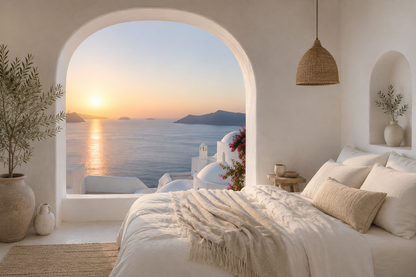 Illustrated Greek-island bedroom scene with whitewashed walls and sea-blue light, 5″×7″ size.