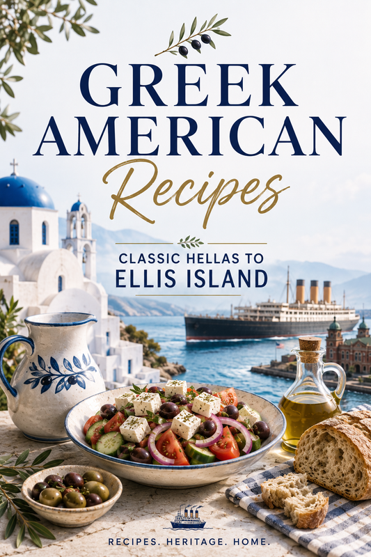 Cover art for the eBook “Greek American Recipes – Classic Hellas to Ellis Island”.