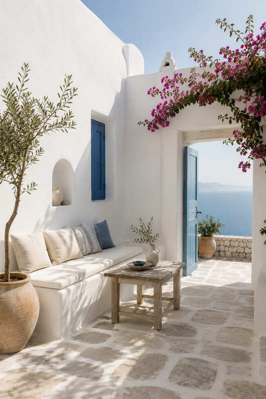 Illustrated Cycladic courtyard scene in white, blue, and stone tones, 5″×7″ size.