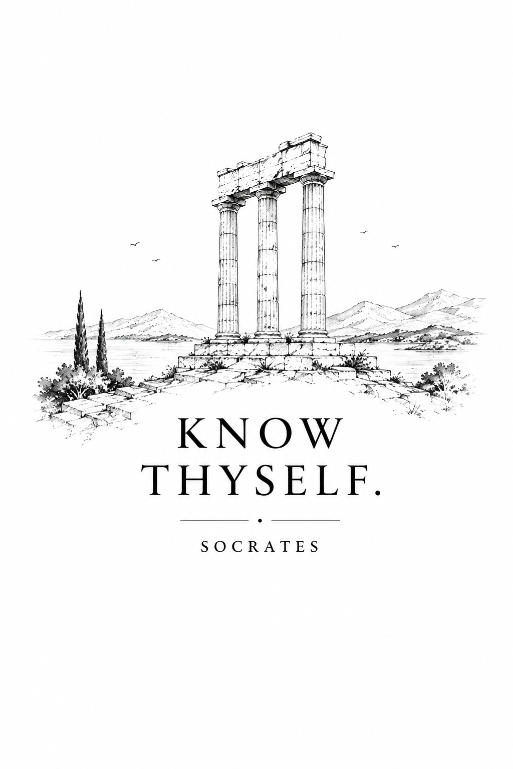 Poster featuring classical ruins and the Greek maxim “Know Thyself” in centered typography, 5″×7″ size.