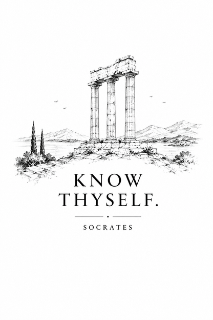 Poster featuring classical ruins and the Greek maxim “Know Thyself” in centered typography, 5″×7″ size.