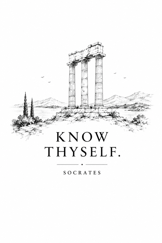 Poster featuring classical ruins and the Greek maxim “Know Thyself” in centered typography, 5″×7″ size.