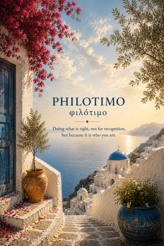 Poster featuring an artful design around the Greek concept of philotimo, 5″×7″ size.