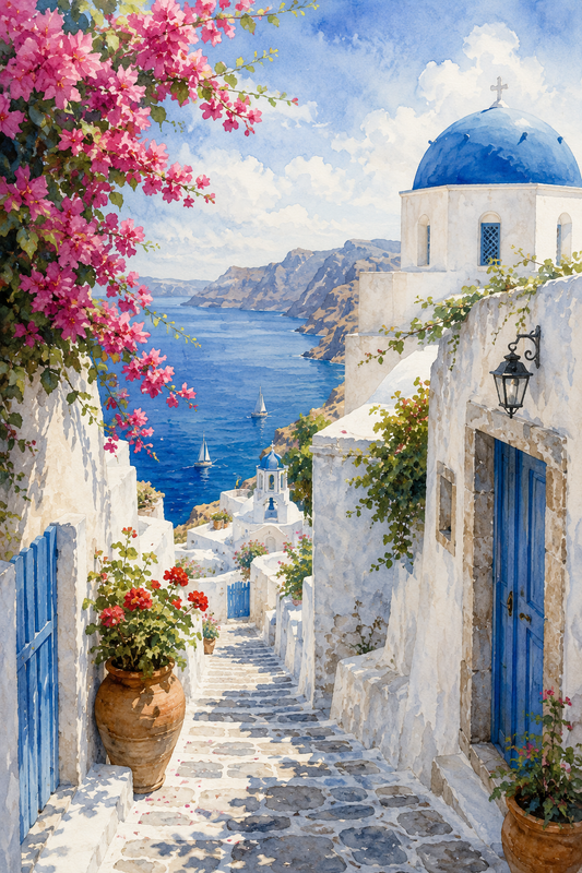 Illustrated poster of a Santorini courtyard scene, 5″×7″ size.
