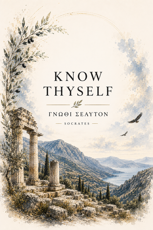 Poster featuring classical ruins and the Greek maxim “Know Thyself” in centered typography, 5″×7″ size.