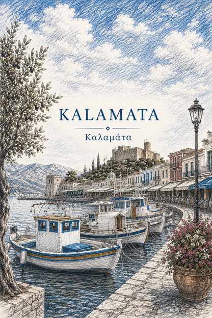 Illustrated Kalamata, Greece harbor scene with fishing boats, waterfront buildings, mountains, and an olive tree, titled “KALAMATA” and “Καλαμάτα.”