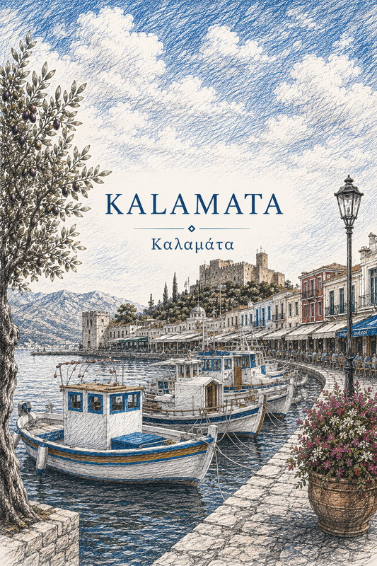 Illustrated Kalamata, Greece harbor scene with fishing boats, waterfront buildings, mountains, and an olive tree, titled “KALAMATA” and “Καλαμάτα.”