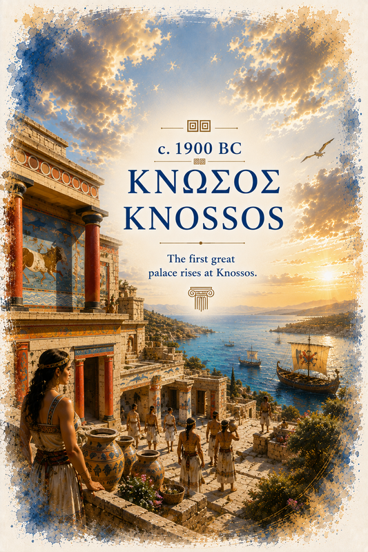 Illustrated poster interpreting ancient Knossos and Bronze Age Crete, 5″×7″ size.