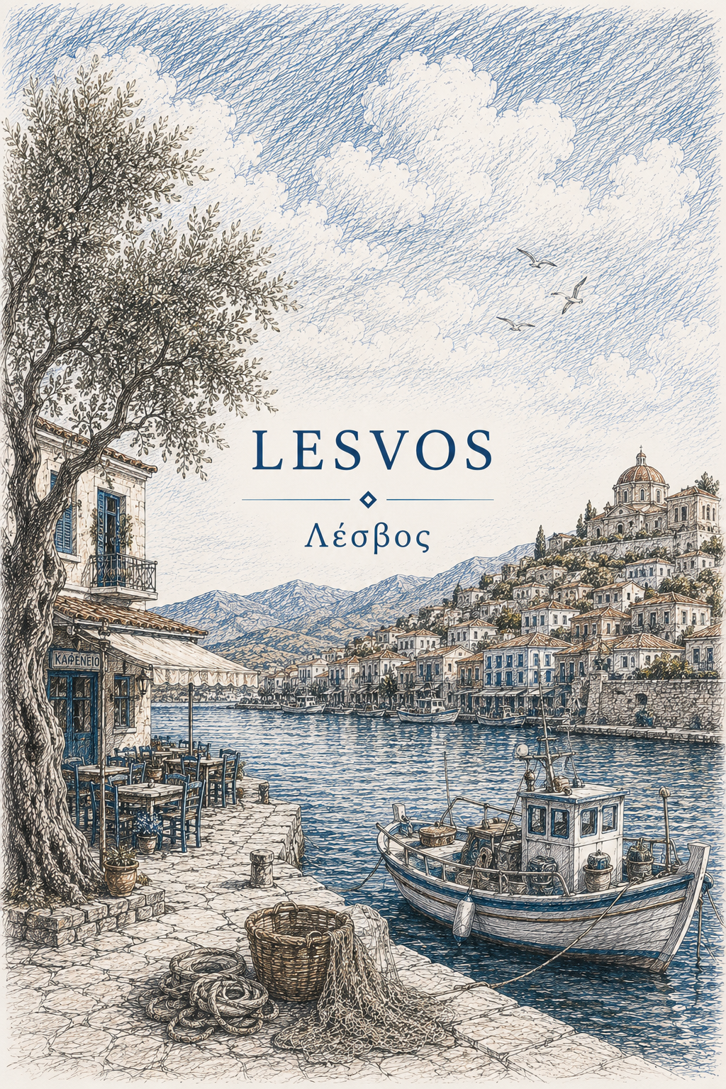 Lesvos destination poster from the Hellenic Sketch Archive collection, 5″×7″ size.