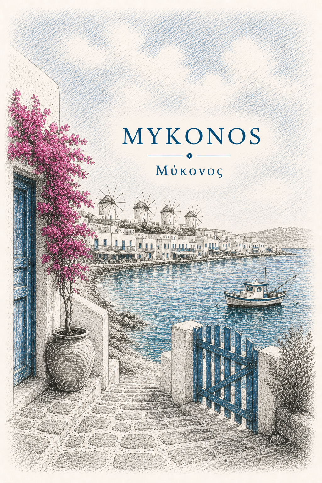 Hand-drawn sketch-style poster of Mykonos's whitewashed architecture, 5″×7″ size.