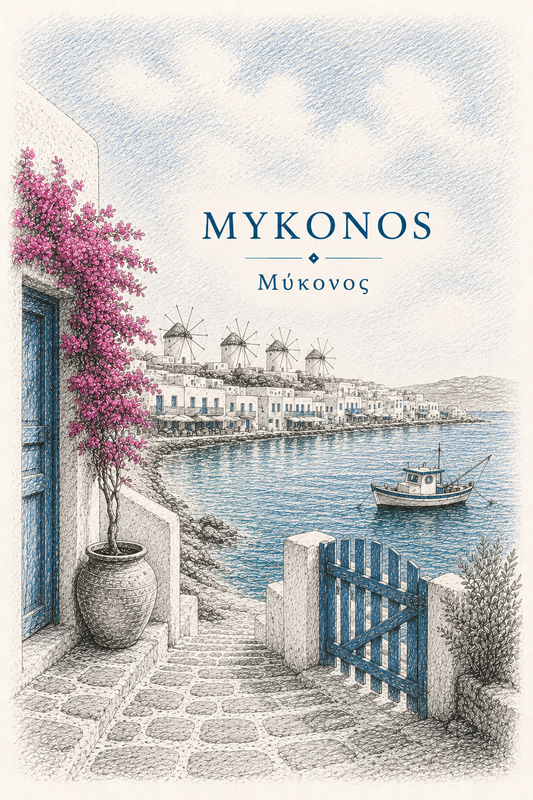 Hand-drawn sketch-style poster of Mykonos's whitewashed architecture, 5″×7″ size.