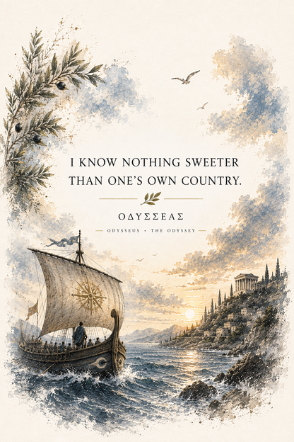 Illustrated poster depicting Odysseus and the journey of The Odyssey, 5″×7″ size.