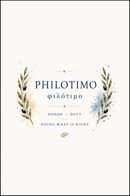 Poster featuring an artful design around the Greek concept of philotimo, 5″×7″ size.