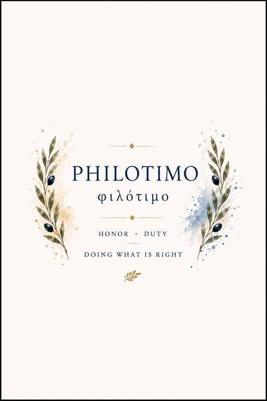 Poster featuring an artful design around the Greek concept of philotimo, 5″×7″ size.