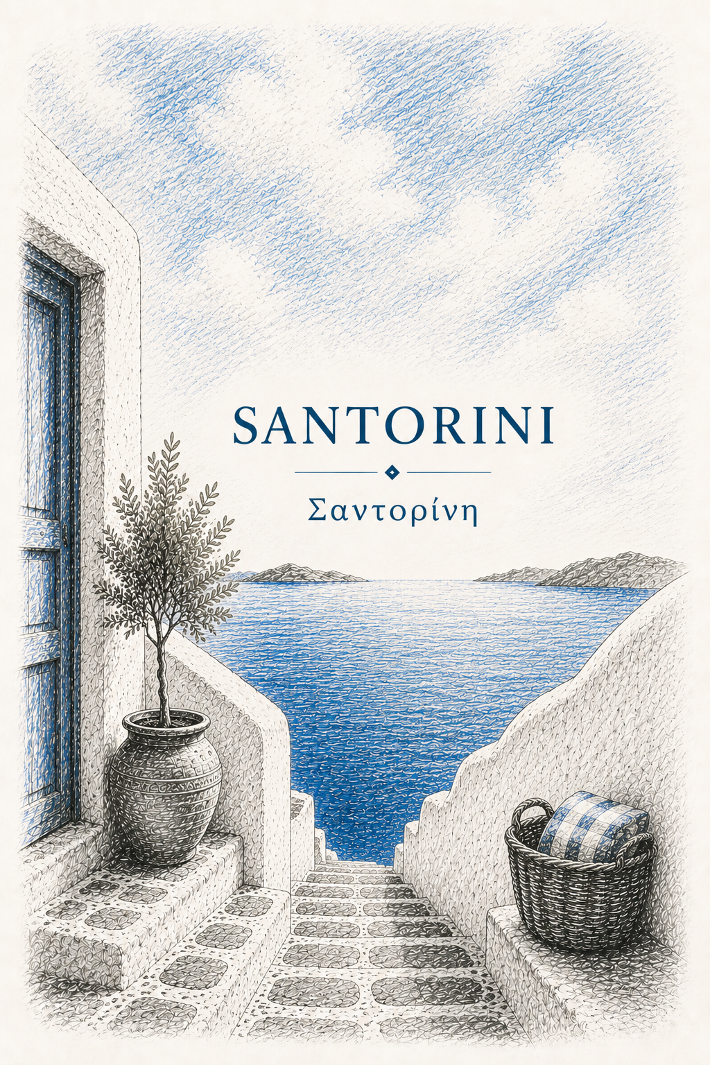 Hand-drawn sketch-style poster of Santorini's cliffside, whitewashed architecture, 5″×7″ size.