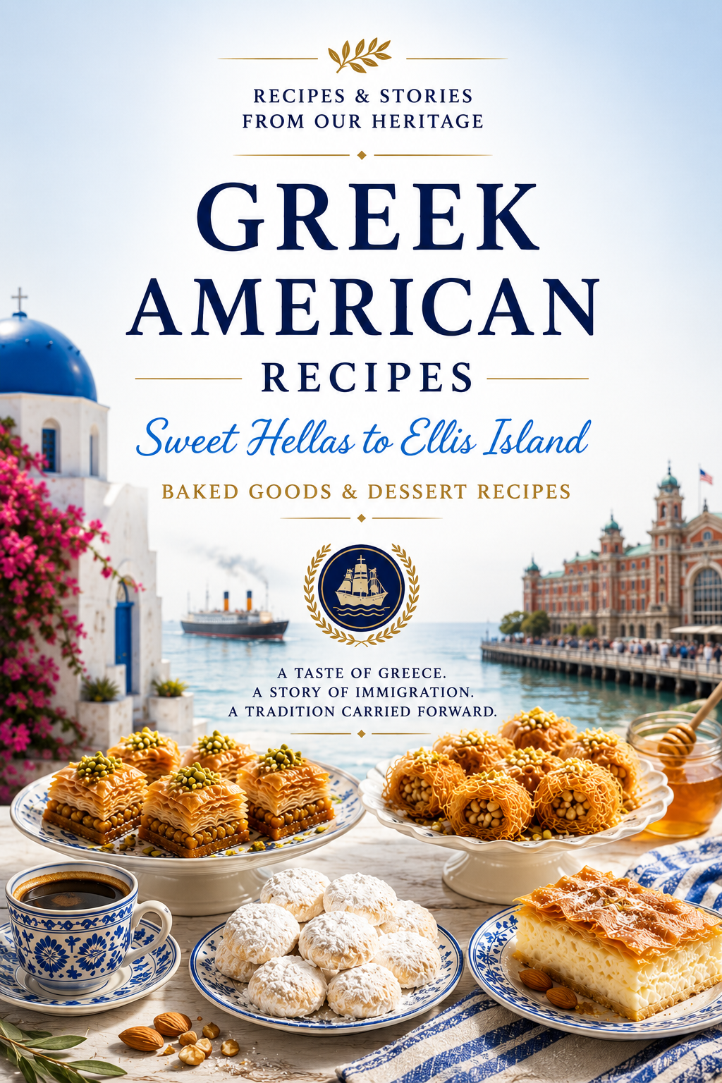 Cover art for the eBook “Greek American Recipes – Sweet Hellas to Ellis Island”.
