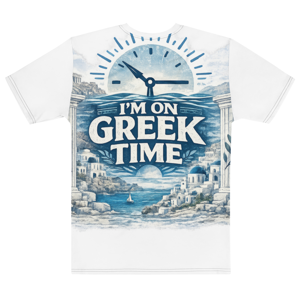 All-over print T-shirt featuring the I'm on Greek Time design, M size.