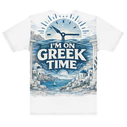 All-over print T-shirt featuring the I'm on Greek Time design, M size.
