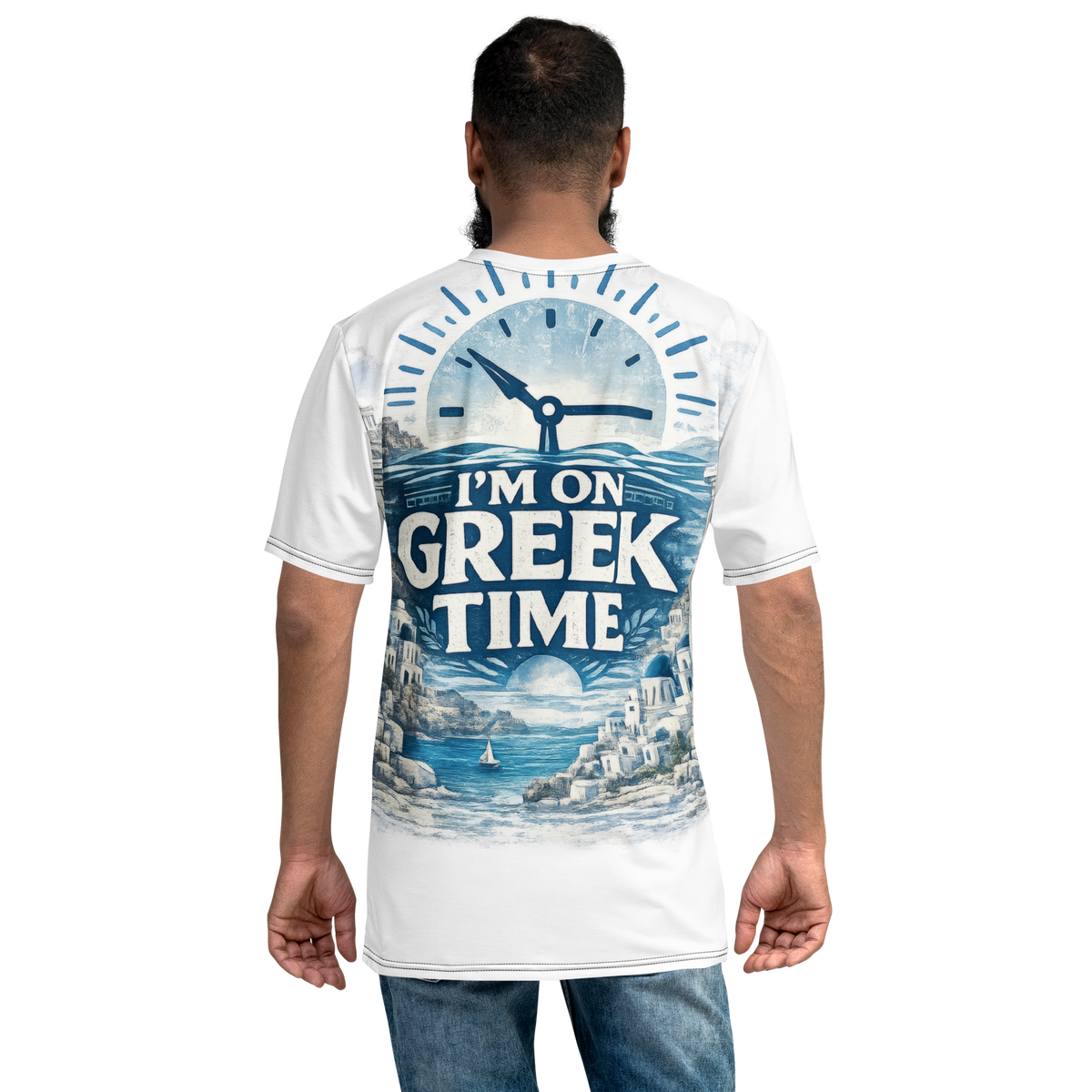 All-over print T-shirt featuring the I'm on Greek Time design, L size.