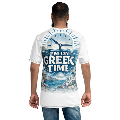 All-over print T-shirt featuring the I'm on Greek Time design, L size.