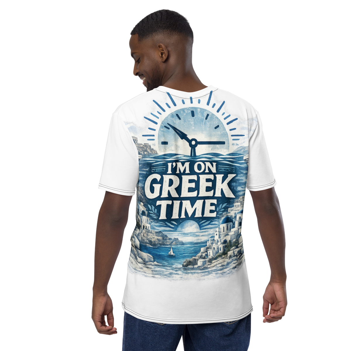 All-over print T-shirt featuring the I'm on Greek Time design, XL size.