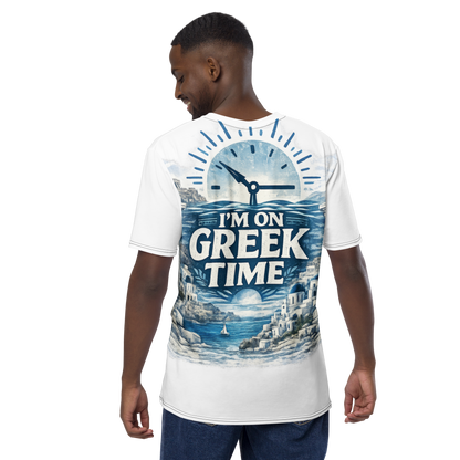 All-over print T-shirt featuring the I'm on Greek Time design, XL size.