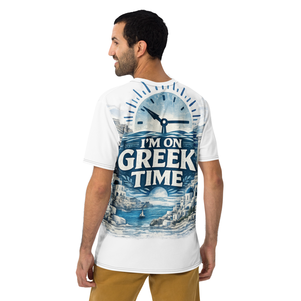 All-over print T-shirt featuring the I'm on Greek Time design, 2XL size.