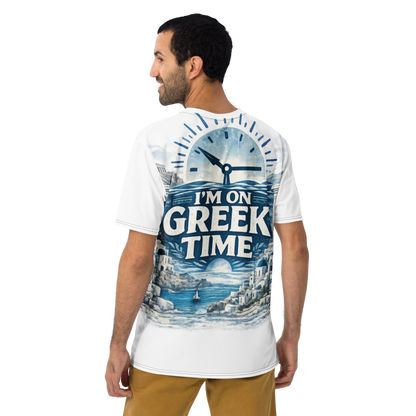 All-over print T-shirt featuring the I'm on Greek Time design, 2XL size.