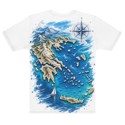 All-over print T-shirt with a Greece Navigator graphic design, S size.