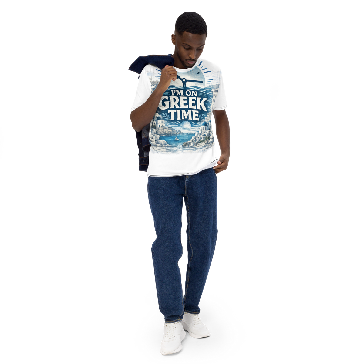 All-over print T-shirt featuring the I'm on Greek Time design, S size.