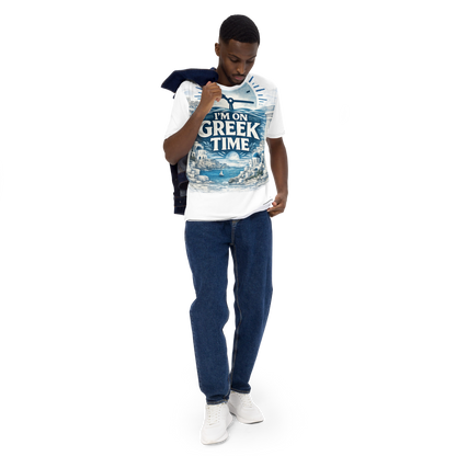 All-over print T-shirt featuring the I'm on Greek Time design, S size.