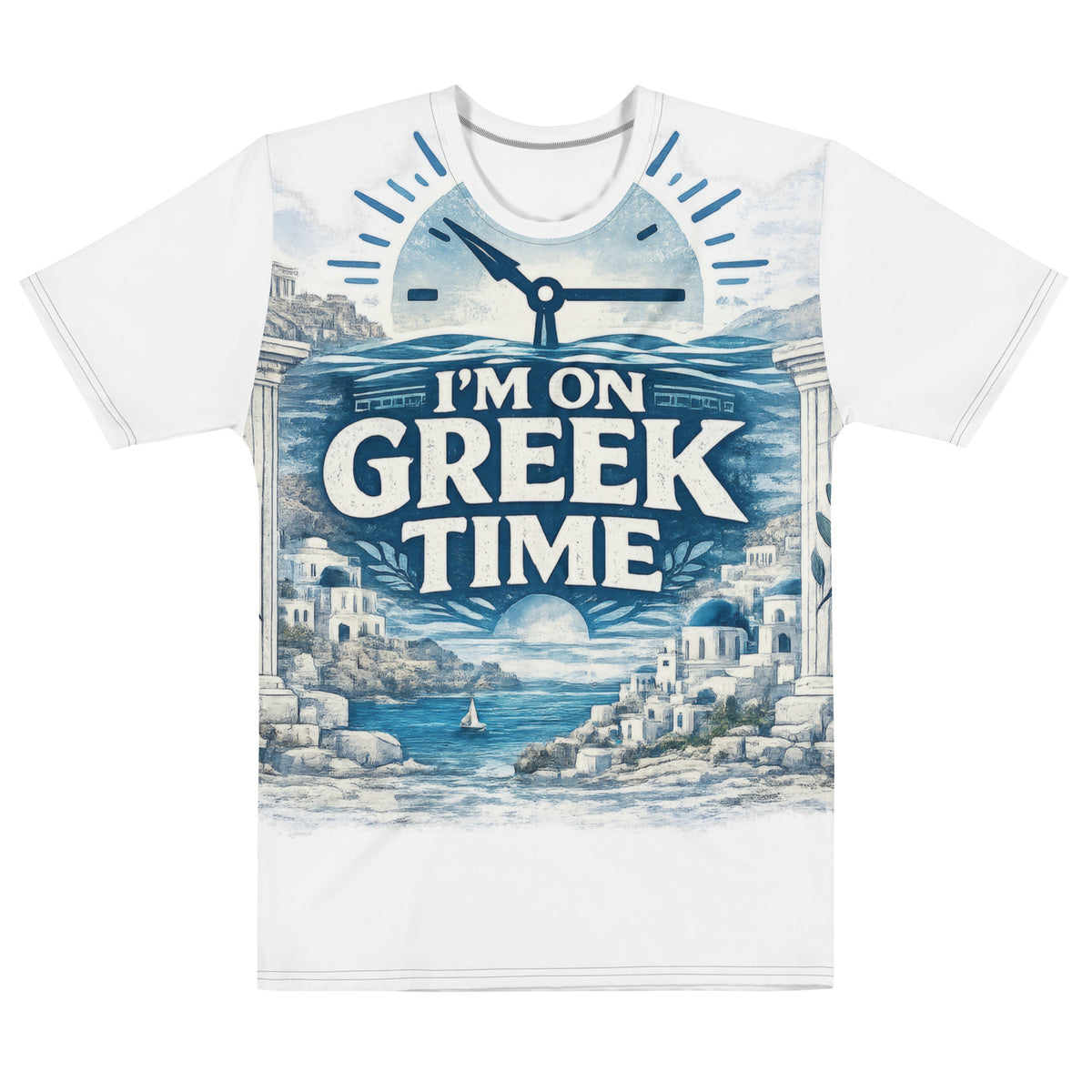 All-over print T-shirt featuring the I'm on Greek Time design, XS size.