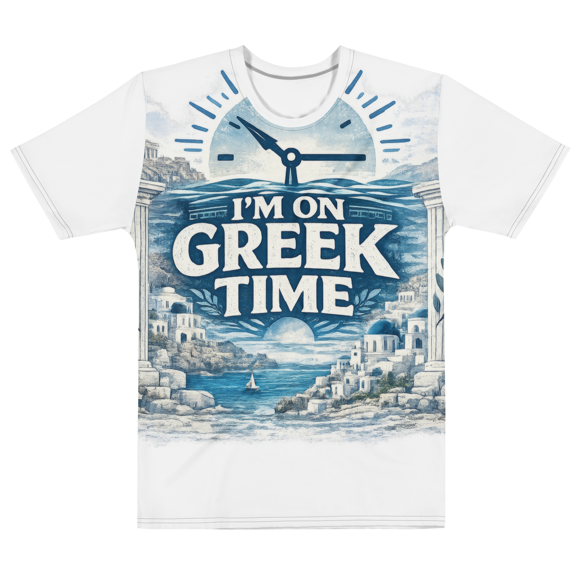 All-over print T-shirt featuring the I'm on Greek Time design.