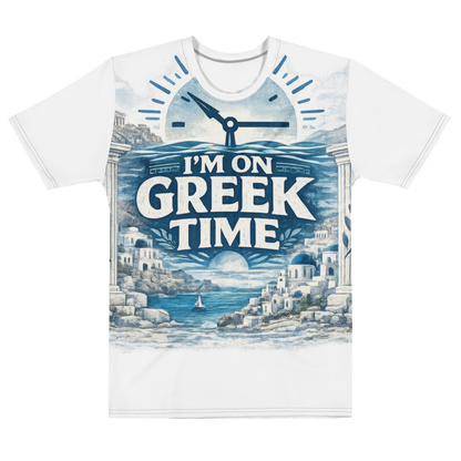 All-over print T-shirt featuring the I'm on Greek Time design.