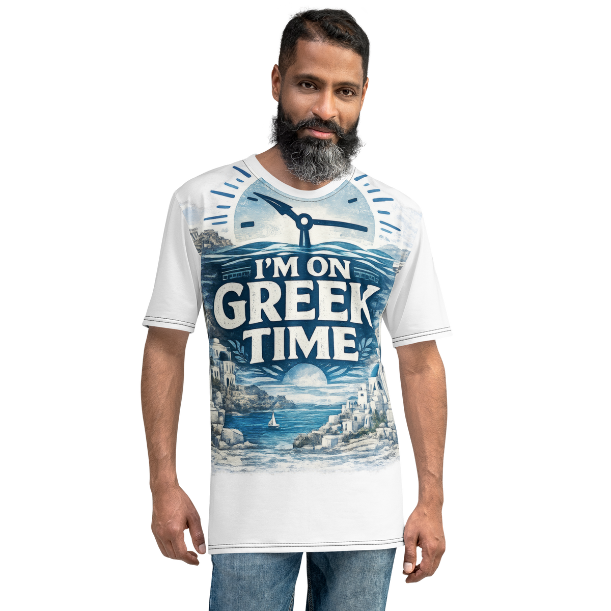 All-over print T-shirt featuring the I'm on Greek Time design — additional product photo.